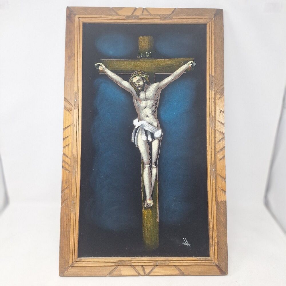 Vintage Black Velvet Jesus Christ Crucifixion Painting Wooden Framed 22.5" X 14"